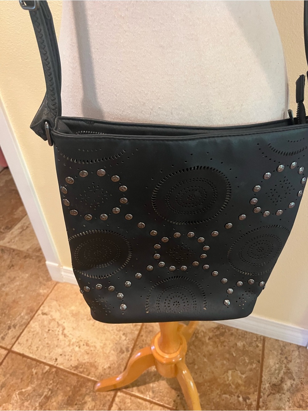 Sam & Hadley’s Geometric Punched Pattern And Studs On Black Vegan Leather Purse